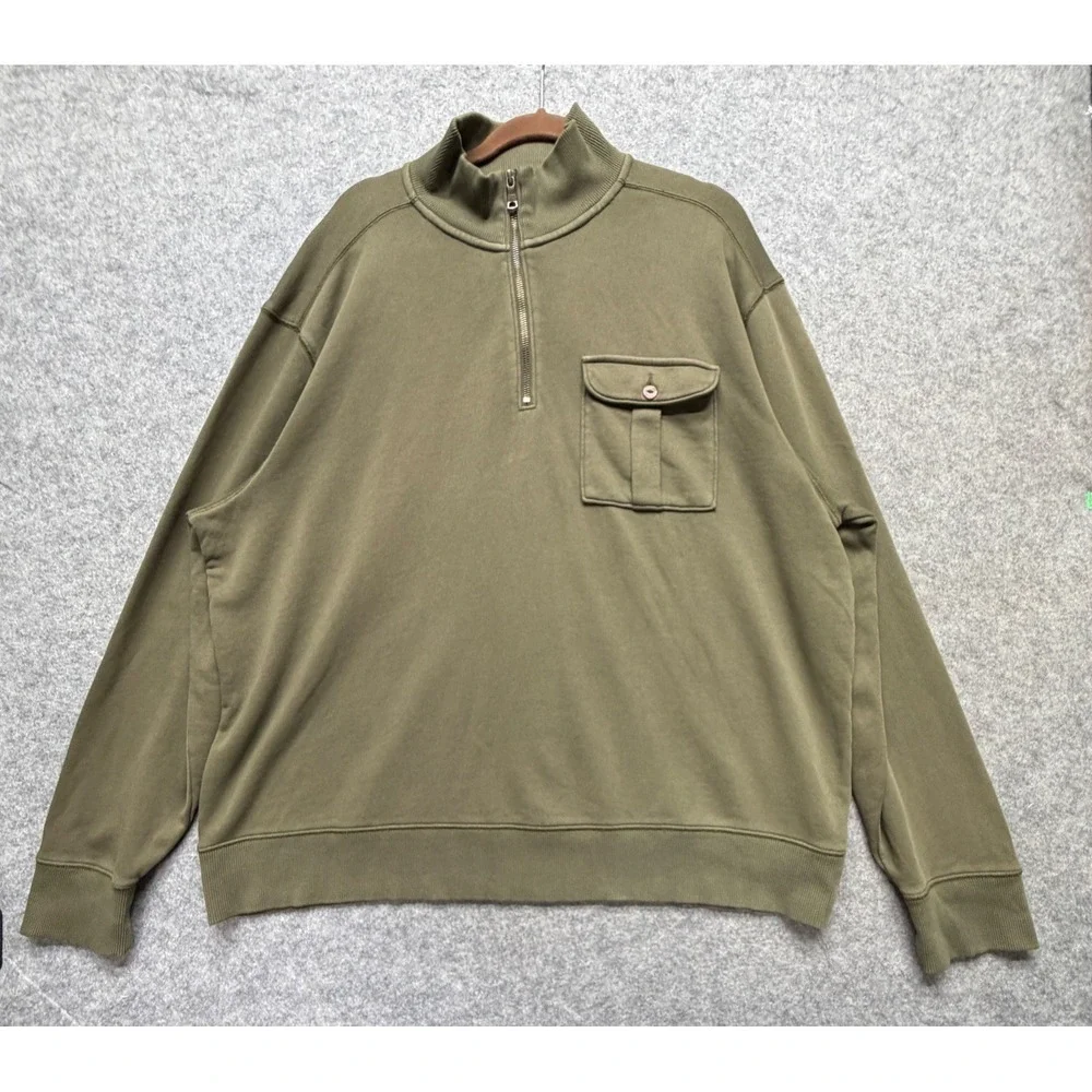 Banana Republic Mens XXL Olive Green Garment Dye Quarter Zip Sweatshirt Pocket